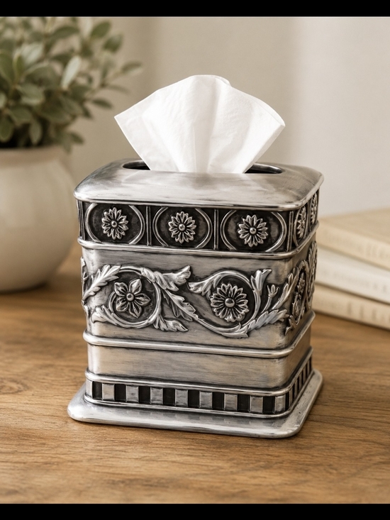 Other - Vintage Ornate Silver Tone Floral Tissue Box Cover | Decorative Home Décor